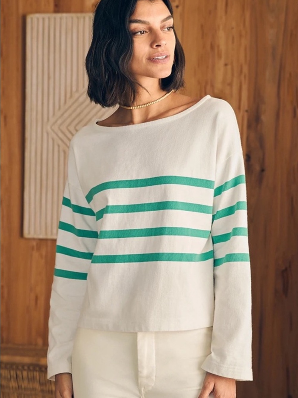 Faherty White and green striped Long-Sleeve sport Jersey top 100% cotton
